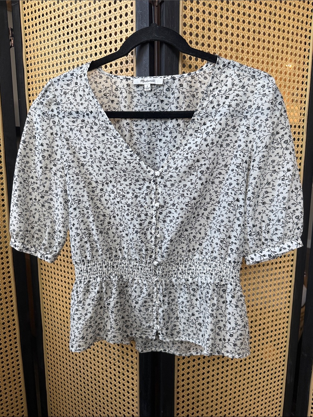 Madewell Woodlands Floral Smocked Peplum Cotton Silk Blouse Size 0